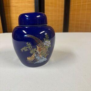 Vintage Cobalt Blue Jar Ceramic w Lid Asian Pheasant Bird 5"